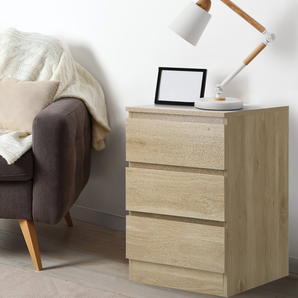 Oikiture Bedside Table 3 Drawers Storage Cabinet Natural