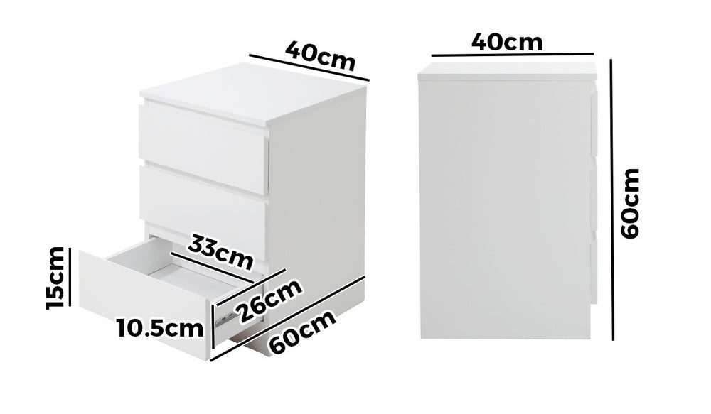 Oikiture Bedside Table 3 Drawers Storage Cabinet White