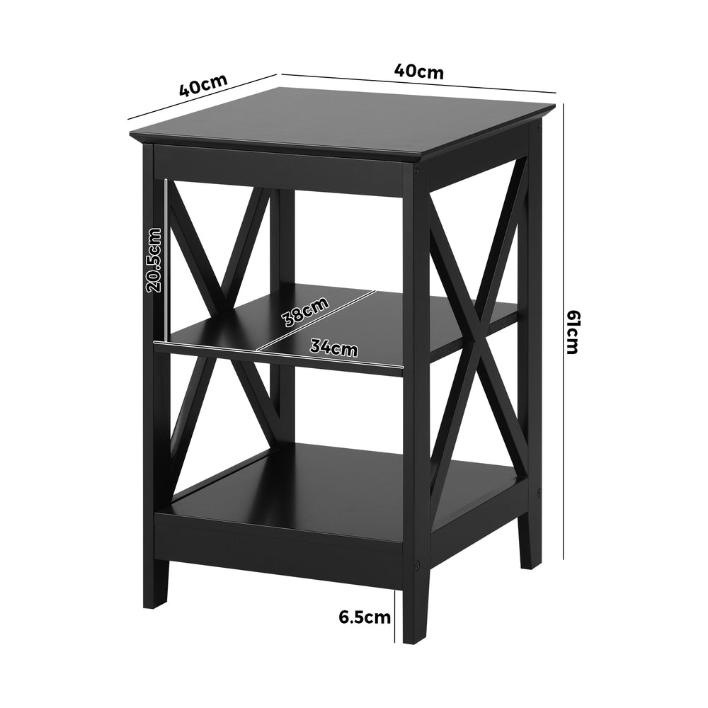 Oikiture Side Table 3-tier Shelf X-Structured Sides Black