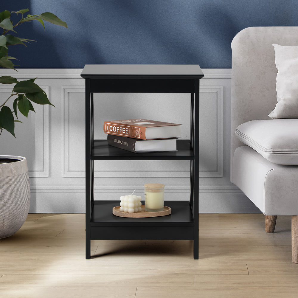 Oikiture Side Table 3-tier Shelf X-Structured Sides Black
