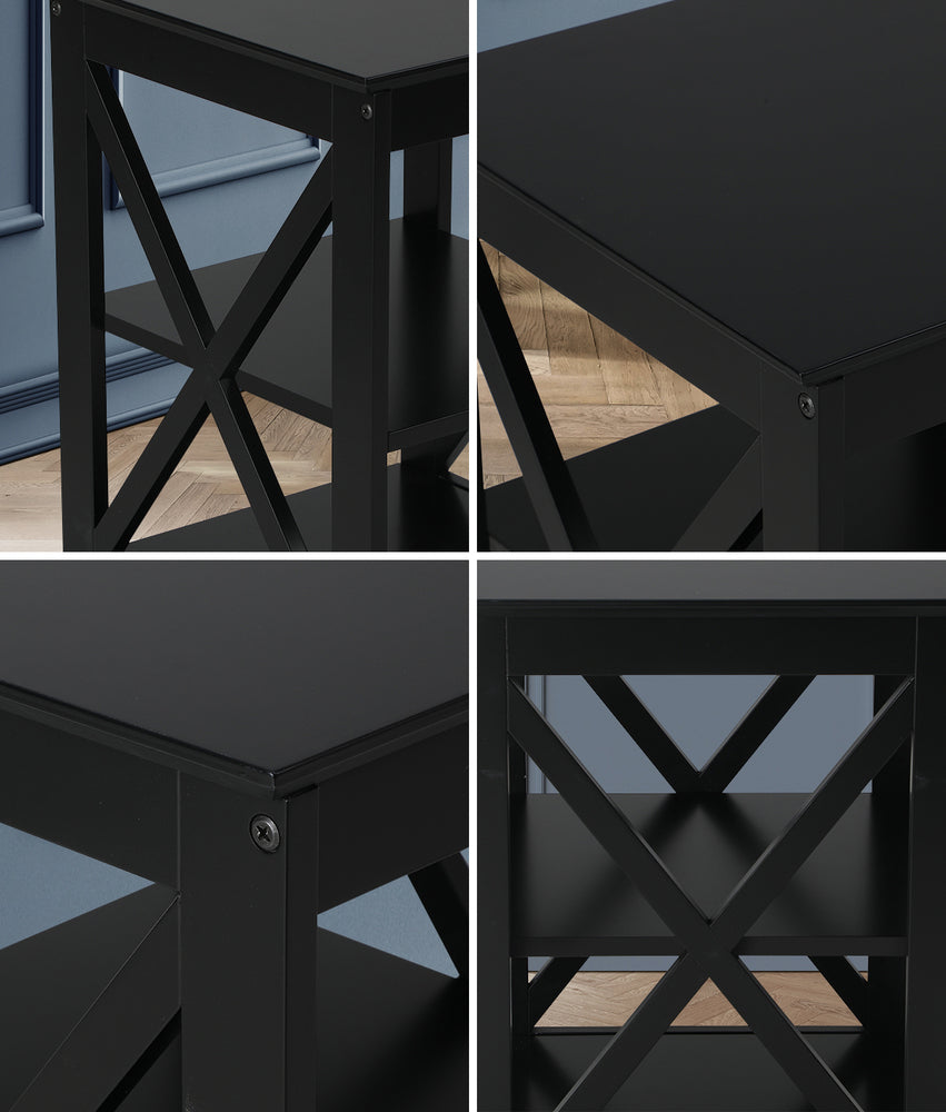 Oikiture Side Table 3-tier Shelf X-Structured Sides Black
