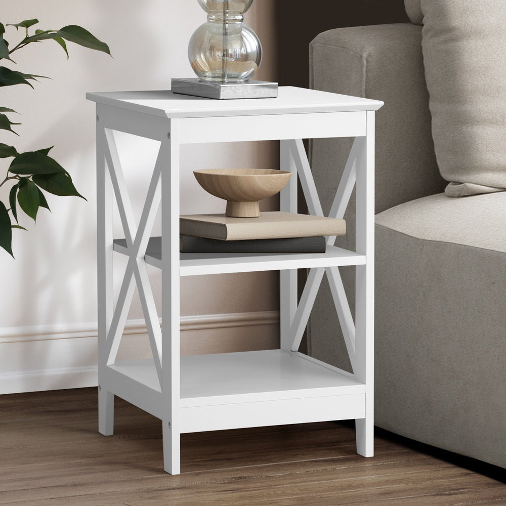 Oikiture Side Table 3-tier Shelf X-Structured Sides White