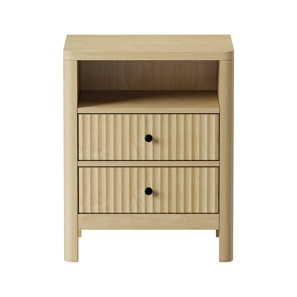 Oikiture Bedside Table 2 Drawers Side End Tables Open Shelf Natural