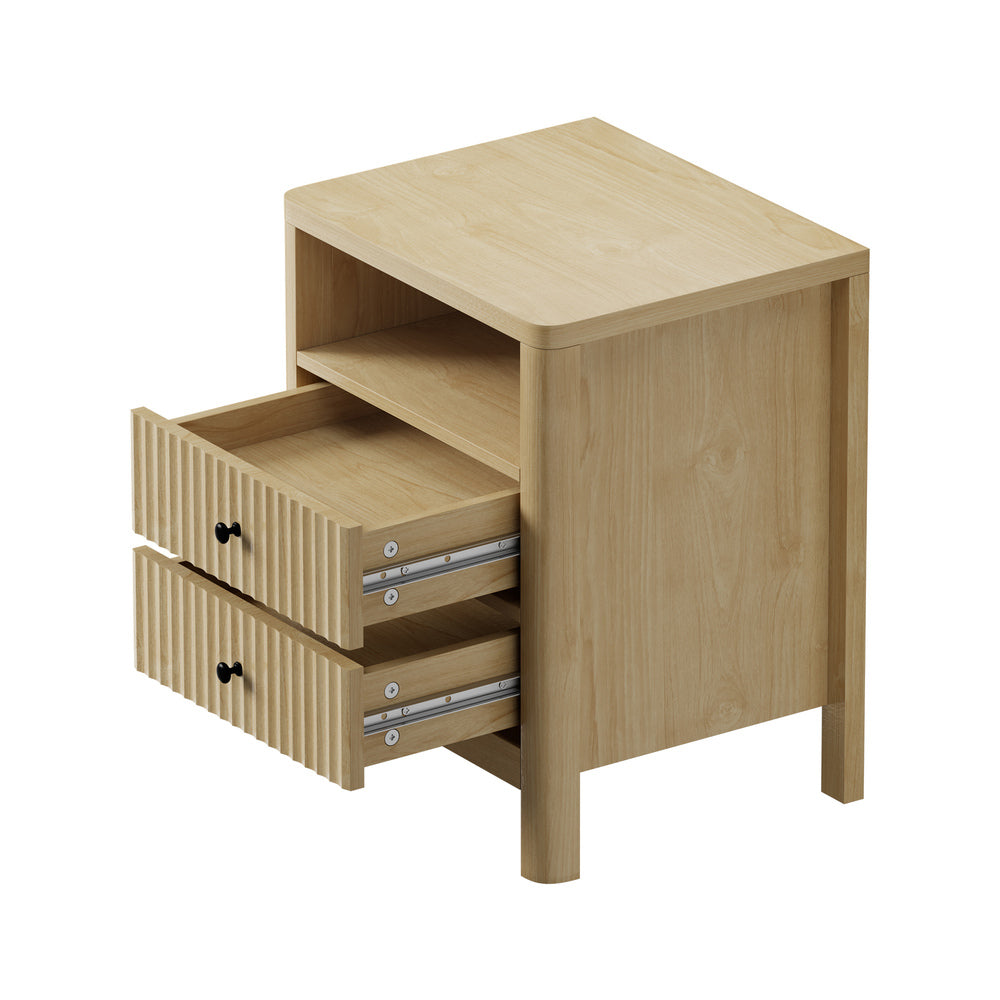 Oikiture Bedside Table 2 Drawers Side End Tables Open Shelf Natural