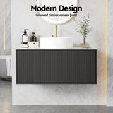 Cefito Vanity Unit 900mm Bathroom Cabinet Storage Wall Hung Grooved Timber Black - 45-Degree Angle