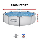 Bestway 305CM Swimming Pools Steel Above Ground Round Backyard Pool Set White - Side View