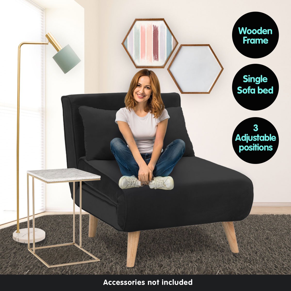 Sarantino Adjustable Chair Single Sofa Bed Faux Velvet - Black