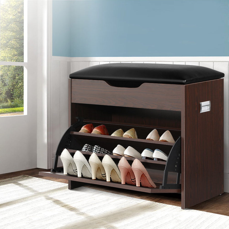 Artiss Shoe Rack Cabinet Bench 3-tier 15 Pairs Walnut