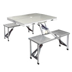 Weisshorn aluminium folding camping table with two bench chairs and 4 integrated seats