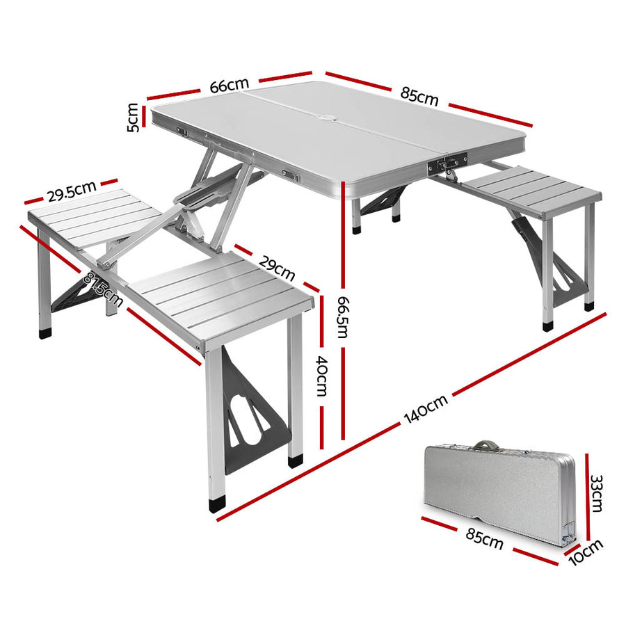 Weisshorn aluminium folding camping table with two bench chairs and 4 integrated seats, integrated bench seats
