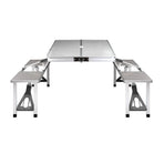 Weisshorn aluminium folding camping table with two bench chairs and 4 integrated seats, MDF table top