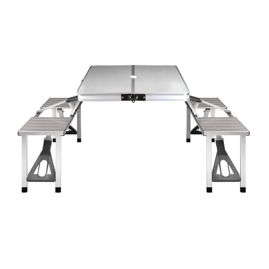 Weisshorn aluminium folding camping table with two bench chairs and 4 integrated seats, MDF table top