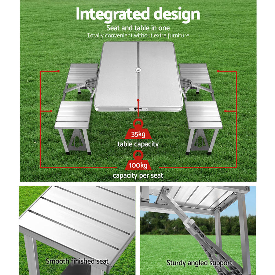 Weisshorn aluminium folding camping table with two bench chairs and 4 integrated seats, rounded table corners