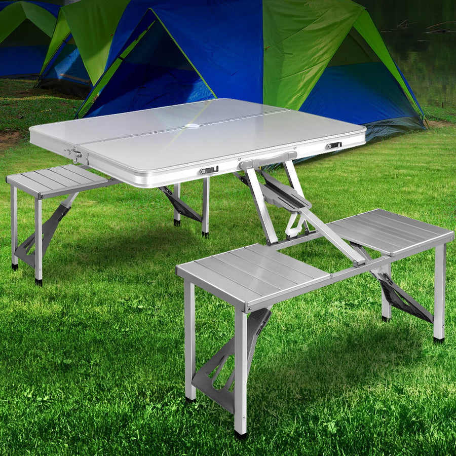 Weisshorn aluminium folding camping table with two bench chairs and 4 integrated seats, image 7