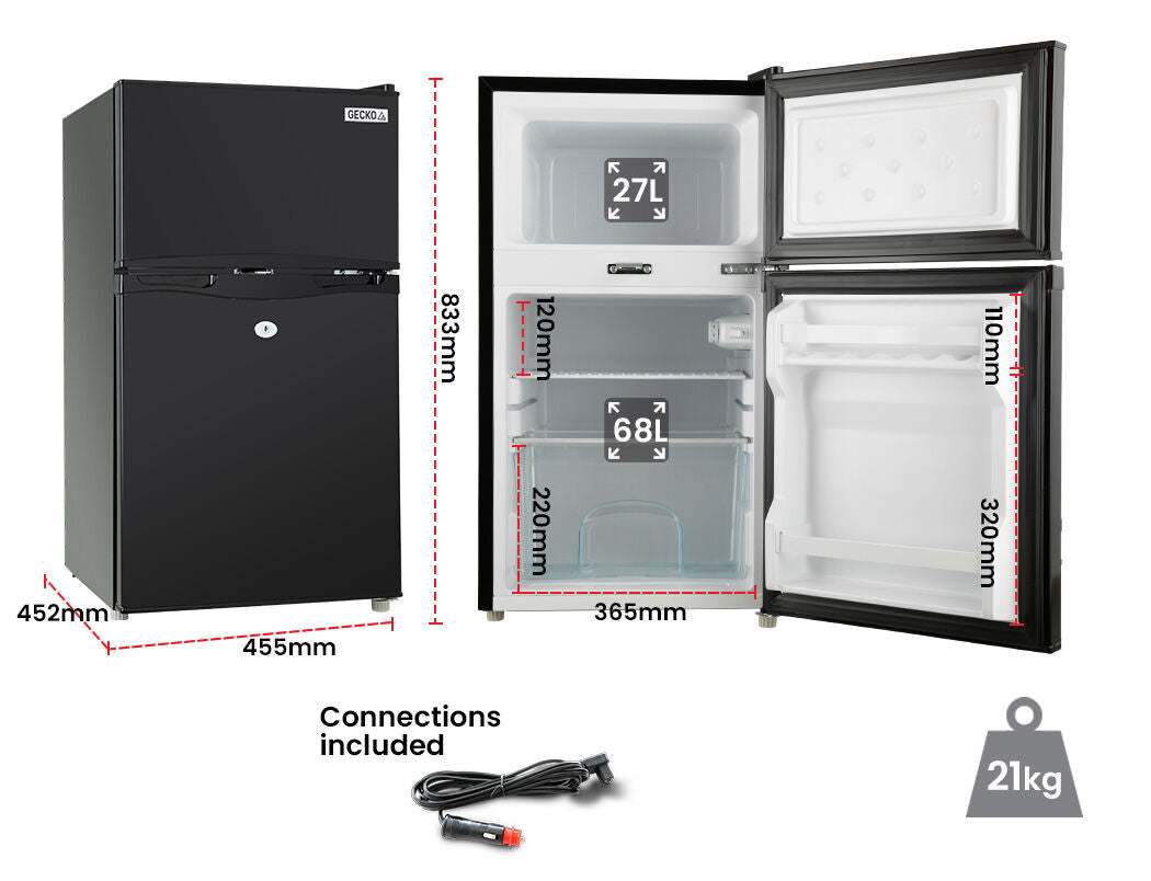 GECKO 95L Portable Upright Fridge, 12V/24V for Motorhome, Caravan, Black