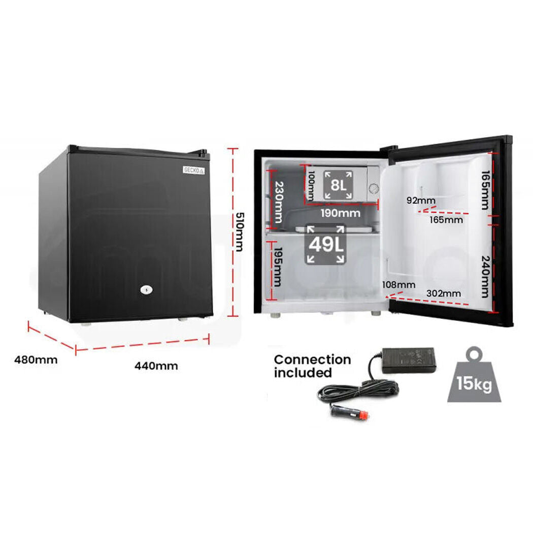 GECKO 57L Portable Camping Bar Fridge with Freezer 12V/24V, Black