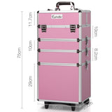 Embellir Makeup Case Beauty Trolley Cosmetic Organiser Box Travel Wheels Pink - Front View