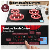 Devanti Ceramic Cooktop 5 Cooking Zone 4 Electric Hobs Touch Control 7600W Black - Top-Down View