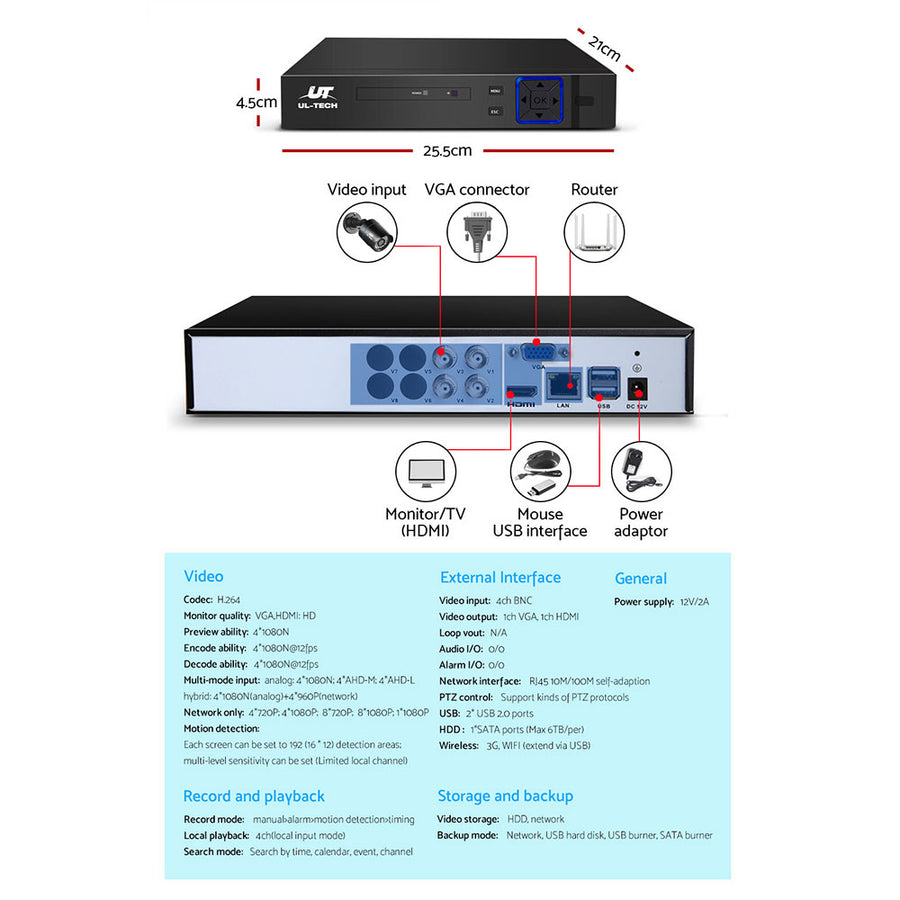 UL-TECH 1080P Security Camera System 4CH DVR with 4 CCTV Bullet Cameras