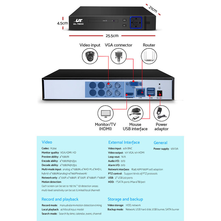 UL-TECH 1080P Security Camera System 4CH DVR with 4 CCTV Dome Cameras