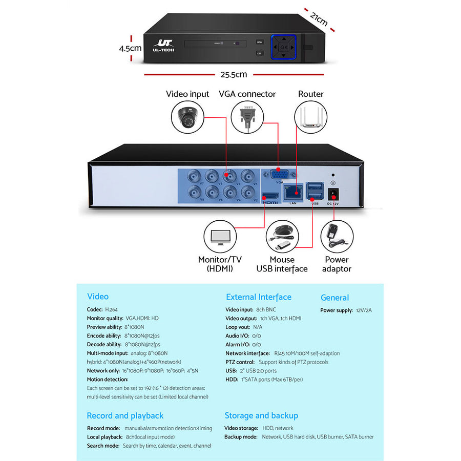 UL-TECH 1080P Security Camera System 8CH DVR with 8 CCTV Dome Cameras, image 5