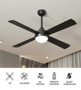 Vevare 52'' AC Ceiling Fan with Light Remote Control 4 Blades Black - Low Angle
