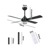 Vevare 52'' Ceiling Fan AC Remote Control Timer 4 Blades Black - Side View