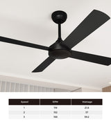 Vevare 52'' Ceiling Fan AC Remote Control Timer 4 Blades Black