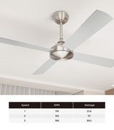 Vevare 52'' Ceiling Fan AC Remote Control Timer 4 Blades Silver