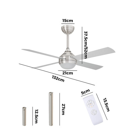 Vevare 52'' AC Ceiling Fan with Light Remote Control 4 Blades Silver, image 4