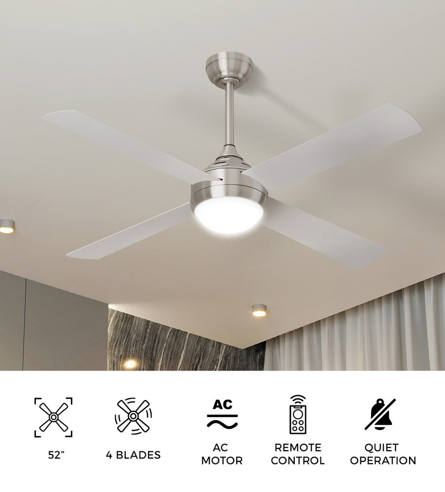 Vevare 52'' AC Ceiling Fan with Light Remote Control 4 Blades Silver