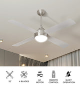 Vevare 52'' AC Ceiling Fan with Light Remote Control 4 Blades Silver - Rear View