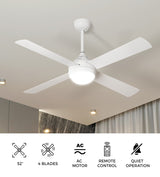 Vevare 52'' AC Ceiling Fan with Light Remote Control 4 Blades White - Low Angle