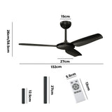 Vevare 52'' Ceiling Fan DC 3 ABS Blades Remote Control Timer Black
