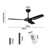 Vevare 52'' Ceiling Fan DC 3 ABS Blades Remote Control Timer Black - 45-Degree Angle