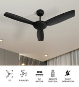 Vevare 52'' Ceiling Fan DC 3 ABS Blades Remote Control Timer Black
