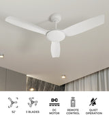 Vevare 52'' Ceiling Fan DC 3 ABS Blades Remote Control Timer White