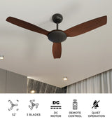 Vevare 52'' Ceiling Fan DC 3 ABS Blades Remote Control Timer Walnut - Low Angle