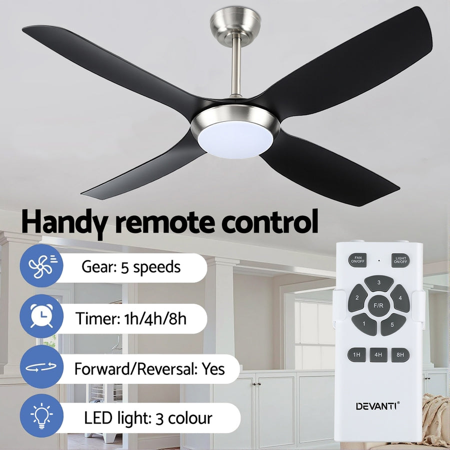 Devanti 52 inch DC ceiling fan with LED light, black and silver, remote control