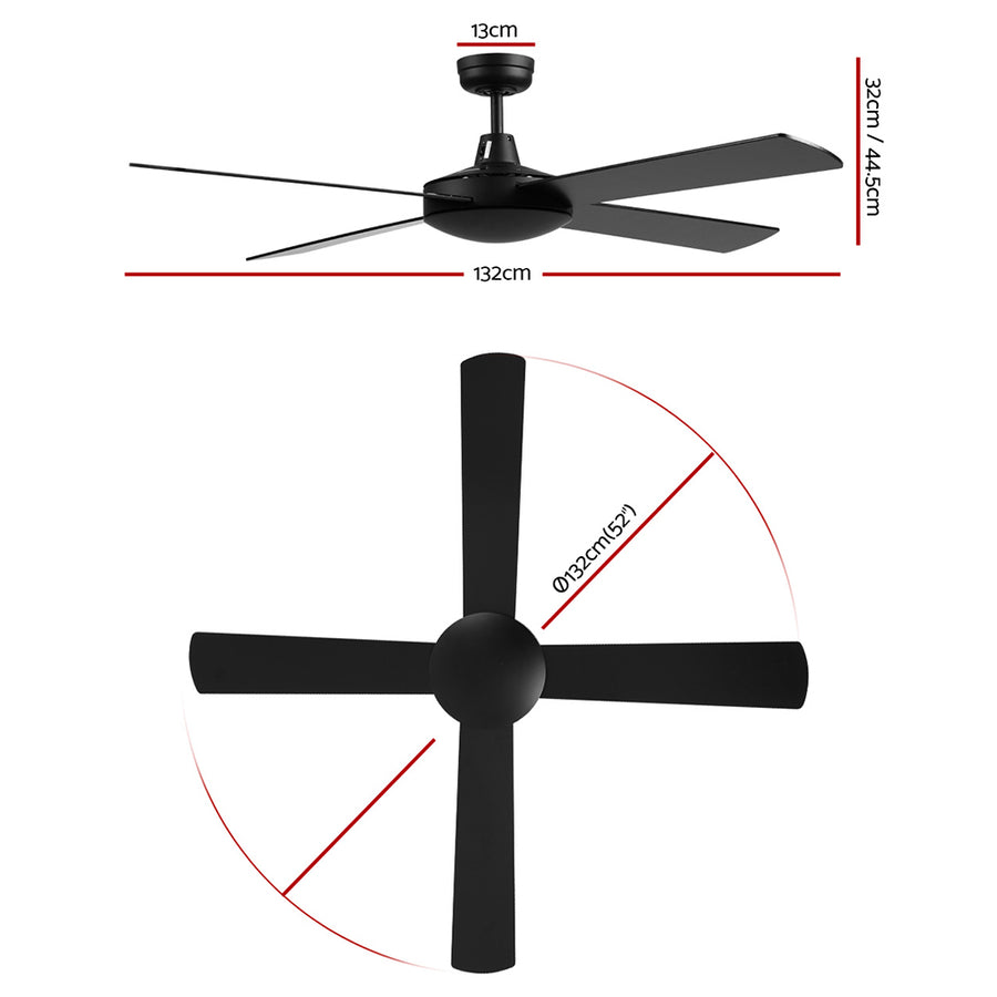Devanti 52 inch DC ceiling fan with 4 blades, black, plywood fan blades