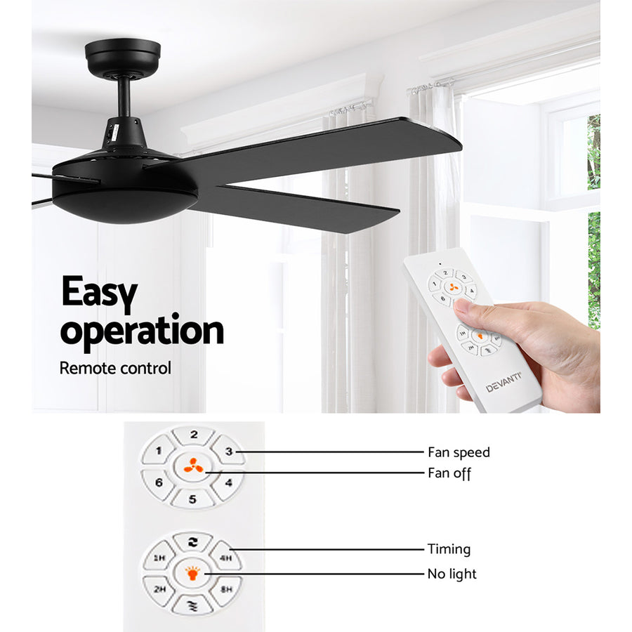Devanti 52 inch DC ceiling fan with 4 blades, black, aluminium motor housing
