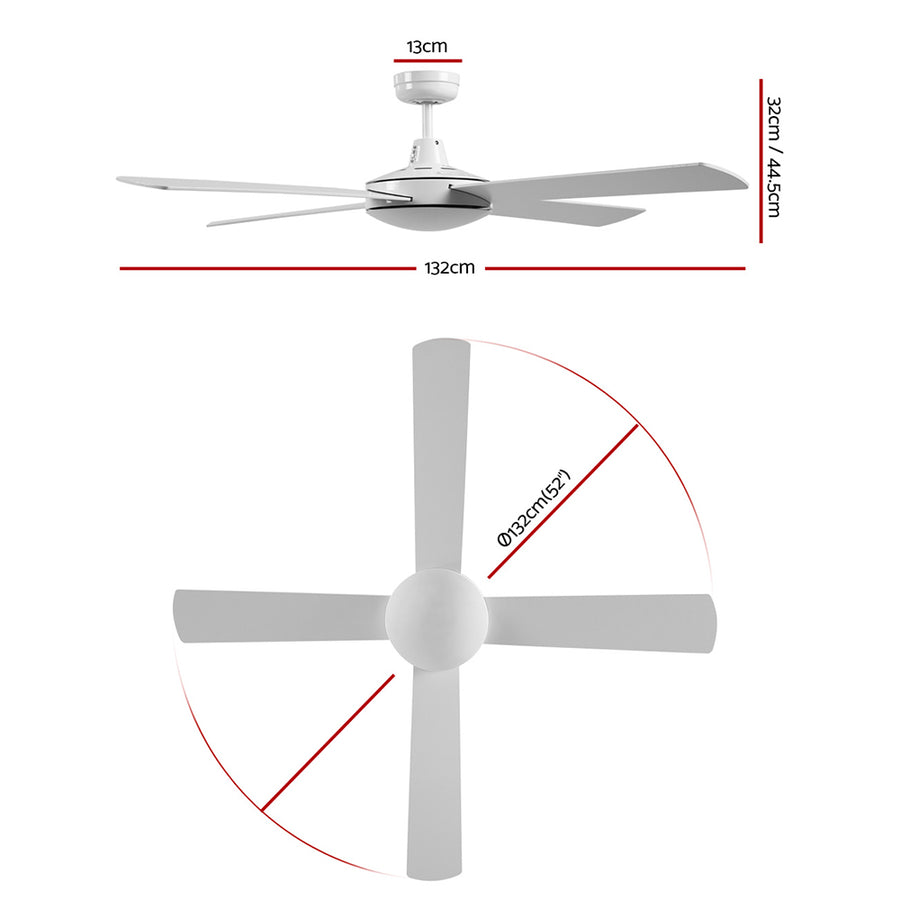 Devanti 52 inch white DC ceiling fan with four wooden blades, remote control