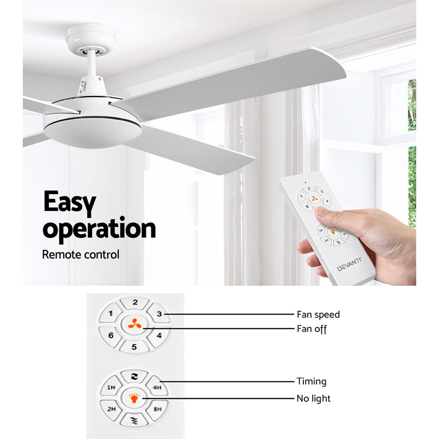 Devanti 52 inch white DC ceiling fan with four wooden blades, image 5