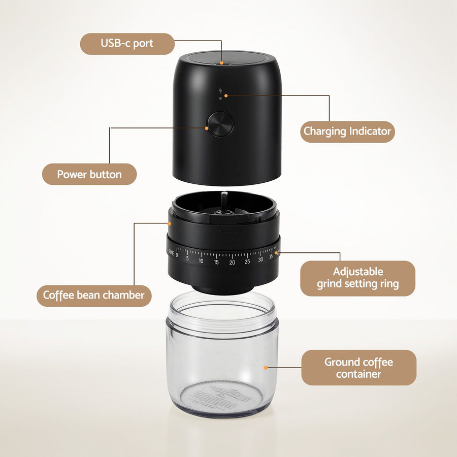 Devanti Electric Coffee Grinder USB-C Rechargeable Portable Coffee Bean Grinder with 40 Precise Grind, Portable