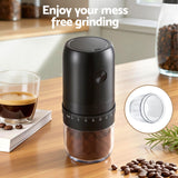 Devanti Electric Coffee Grinder USB-C Rechargeable Portable Coffee Bean Grinder with 40 Precise Grind Settings | Automatic Spice Nut Pepper Grinder Mill with Cleaning Brush & Ground Coffee Container for Home Office Camping Travel, Black - Close-Up Angle