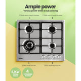Comfee 60cm Gas Cooktop Stainless Steel 4 Burners Kitchen Stove Cook Top NG LPG - 45-Degree Angle