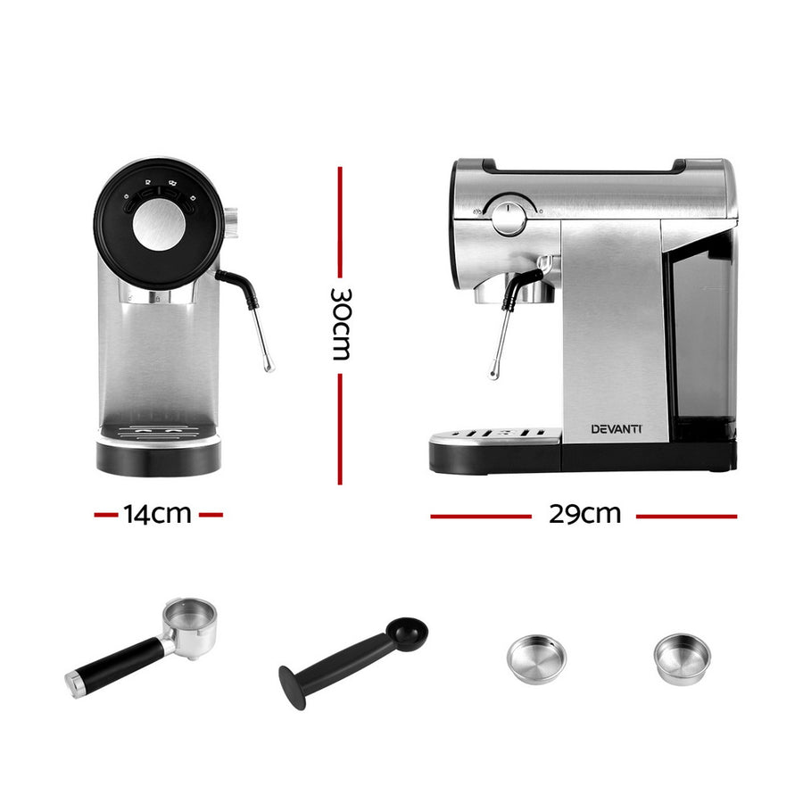 Devanti 20 bar silver espresso coffee machine with mug warmer, removable water tank