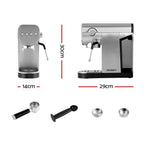 Devanti silver 20 bar espresso coffee machine with milk frother, milk frothing wand
