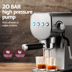 Devanti silver 20 bar espresso coffee machine with milk frother, removable drip tray