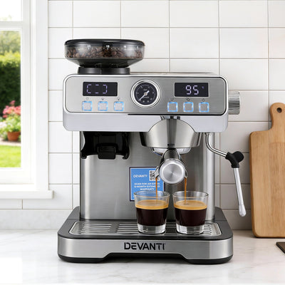 Devanti Espresso Coffee Machine with Grinder, Milk Frother and Steam Wand, 20 Bar, Silver